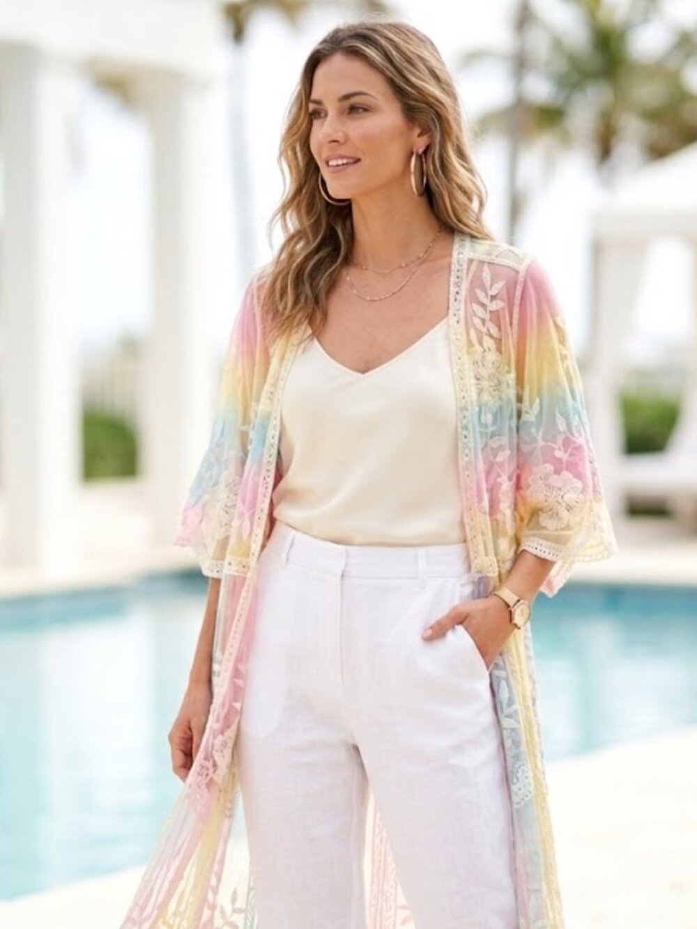 Rachel Zoe Sheer Embroidered Floral Kimono One Size Boho Chic Luxury Romantic